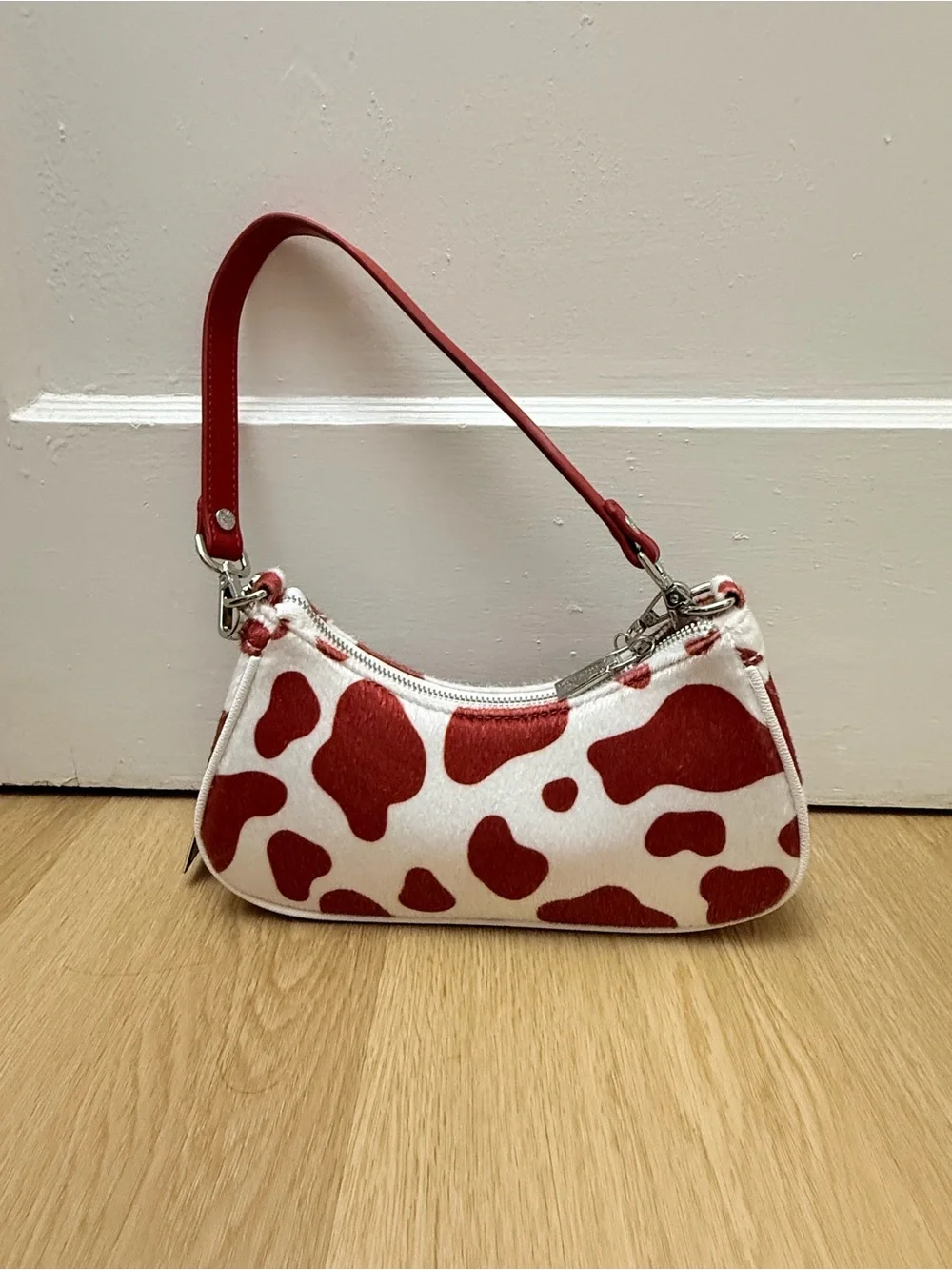 Von Dutch Red and White Cow-Print Shoulder Bag